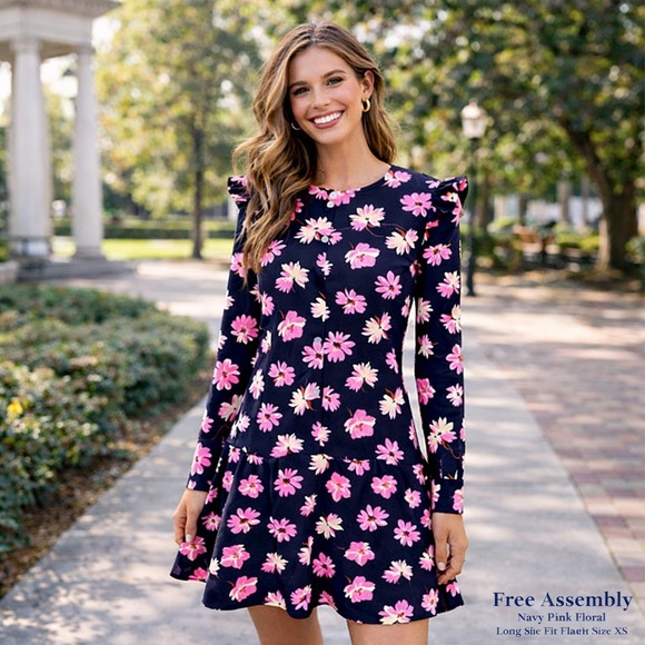 Free Assembly Dresses & Skirts - Free Assembly,Navy/Pink Floral, Ruffle Shoulder,Side Zip,Fit-Flare Dress Size XS